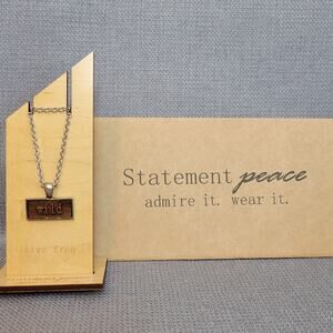 NWT "WILD" USA Made Wood Pendant Necklace Silver Link Chain With Display